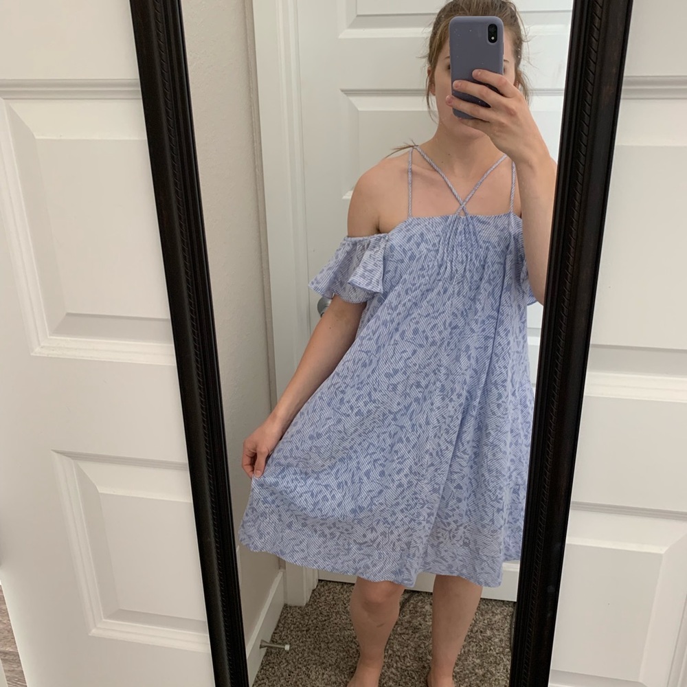 Anthropologie Blue Patterned Off Shoulder Dress